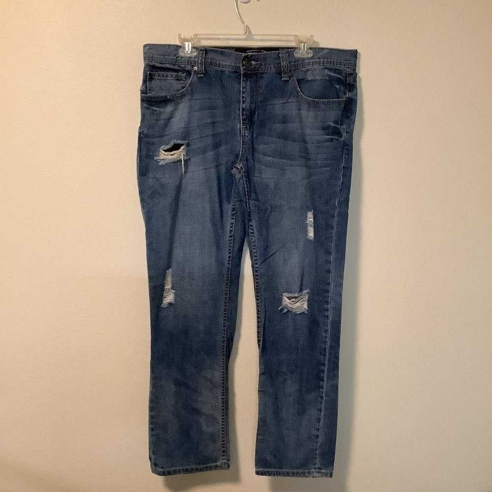 Seven 7 mens 36X32 distressed skinny 100% cotton denim blue jeans
